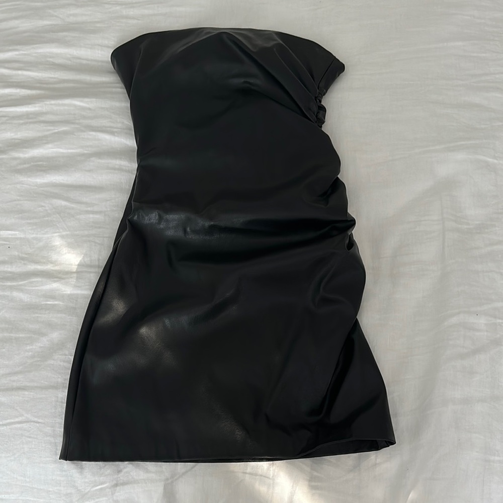 Zara Black Ruched Faux Leather Strapless Bodycon Dress